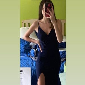 Navy blue FashionNova floor length dress with slit